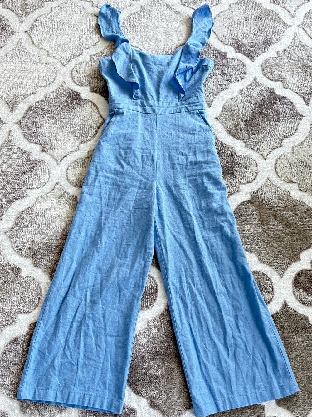 Dynamite Linen Light Blue Ruffle Jumpsuit Wide Legs Size XS - Picture 13 of 16